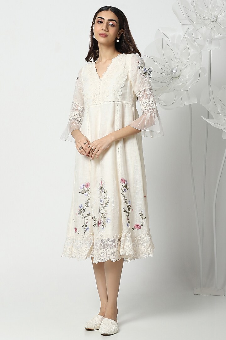 Off-White Linen Hand Embroidered Vacation Dress by Kaveri at Pernia's Pop Up Shop