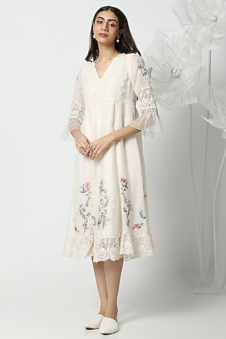 Off-White Linen Hand Embroidered Dress by Kaveri