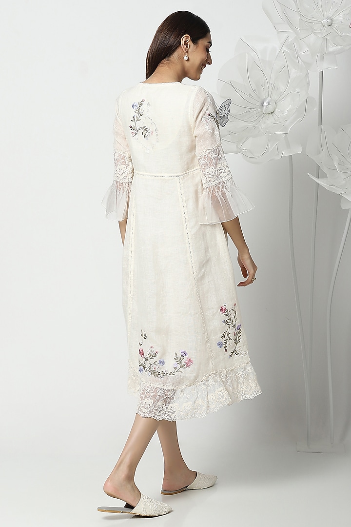 Off-White Linen Hand Embroidered Vacation Dress by Kaveri at Pernia's Pop Up Shop