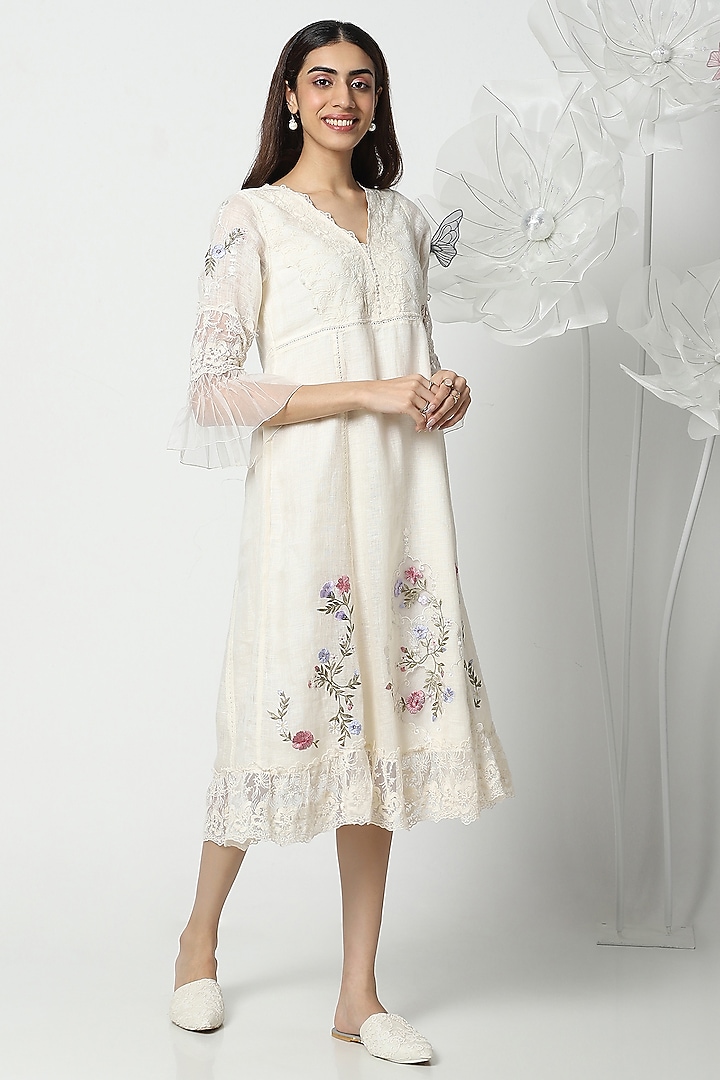 Off-White Linen Hand Embroidered Vacation Dress by Kaveri at Pernia's Pop Up Shop