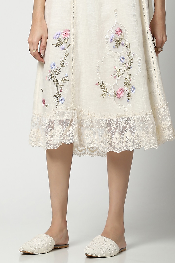 Off-White Linen Hand Embroidered Vacation Dress by Kaveri at Pernia's Pop Up Shop