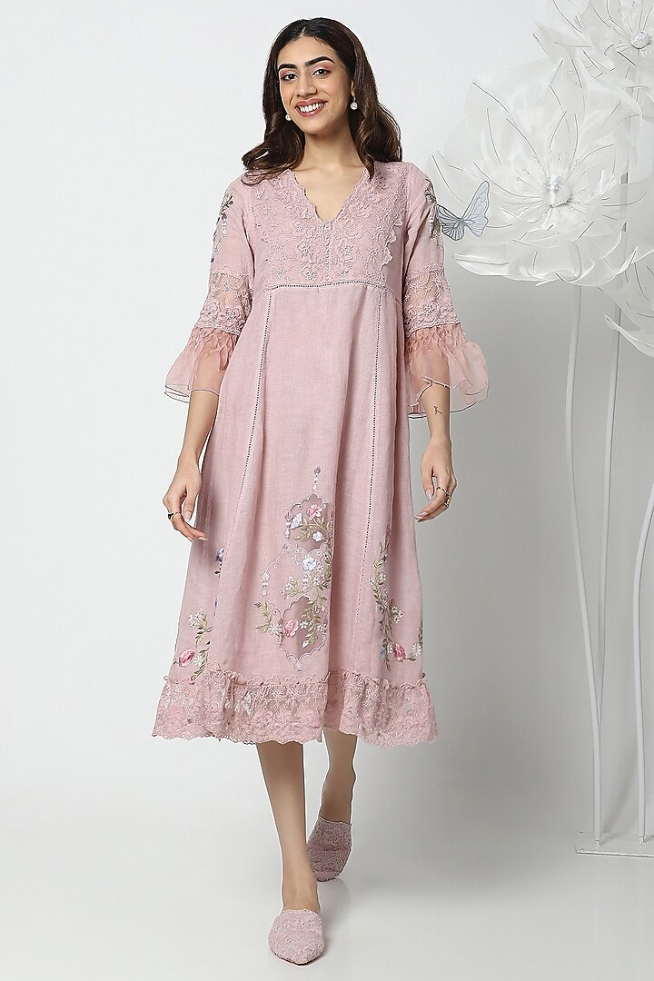 Rose Pink Linen Hand Embroidered Vacation Dress by Kaveri at Pernia's Pop Up Shop