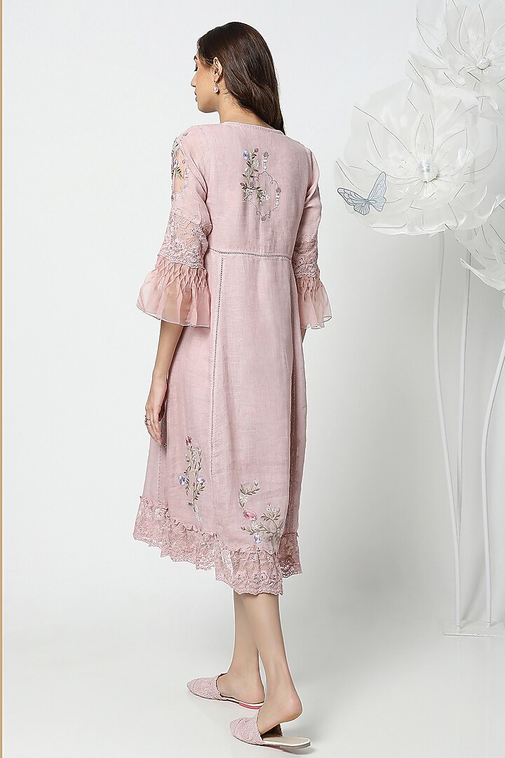 Rose Pink Linen Hand Embroidered Vacation Dress by Kaveri at Pernia's Pop Up Shop