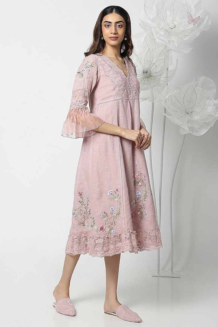 Rose Pink Linen Hand Embroidered Vacation Dress by Kaveri at Pernia's Pop Up Shop
