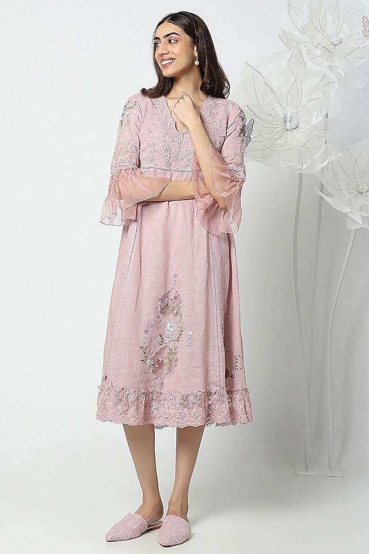 Rose Pink Linen Hand Embroidered Vacation Dress by Kaveri at Pernia's Pop Up Shop