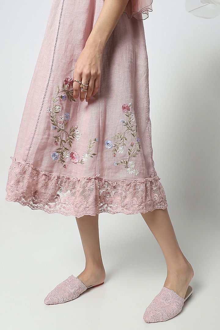 Rose Pink Linen Hand Embroidered Vacation Dress by Kaveri at Pernia's Pop Up Shop