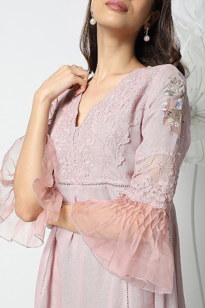 Rose Pink Linen Hand Embroidered Vacation Dress by Kaveri at Pernia's Pop Up Shop