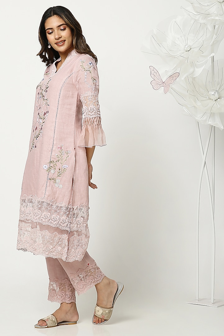 Rose Pink Linen Hand Embroidered Kurta Set by Kaveri at Pernia's Pop Up Shop