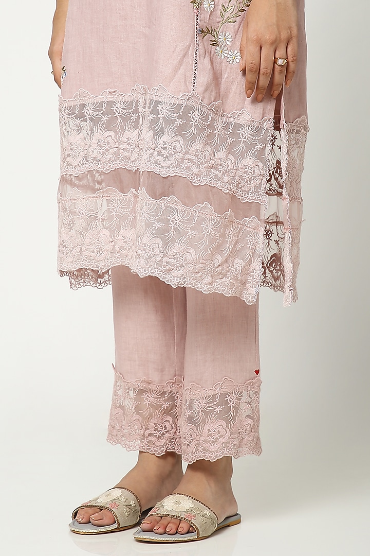 Rose Pink Linen Hand Embroidered Kurta Set by Kaveri at Pernia's Pop Up Shop