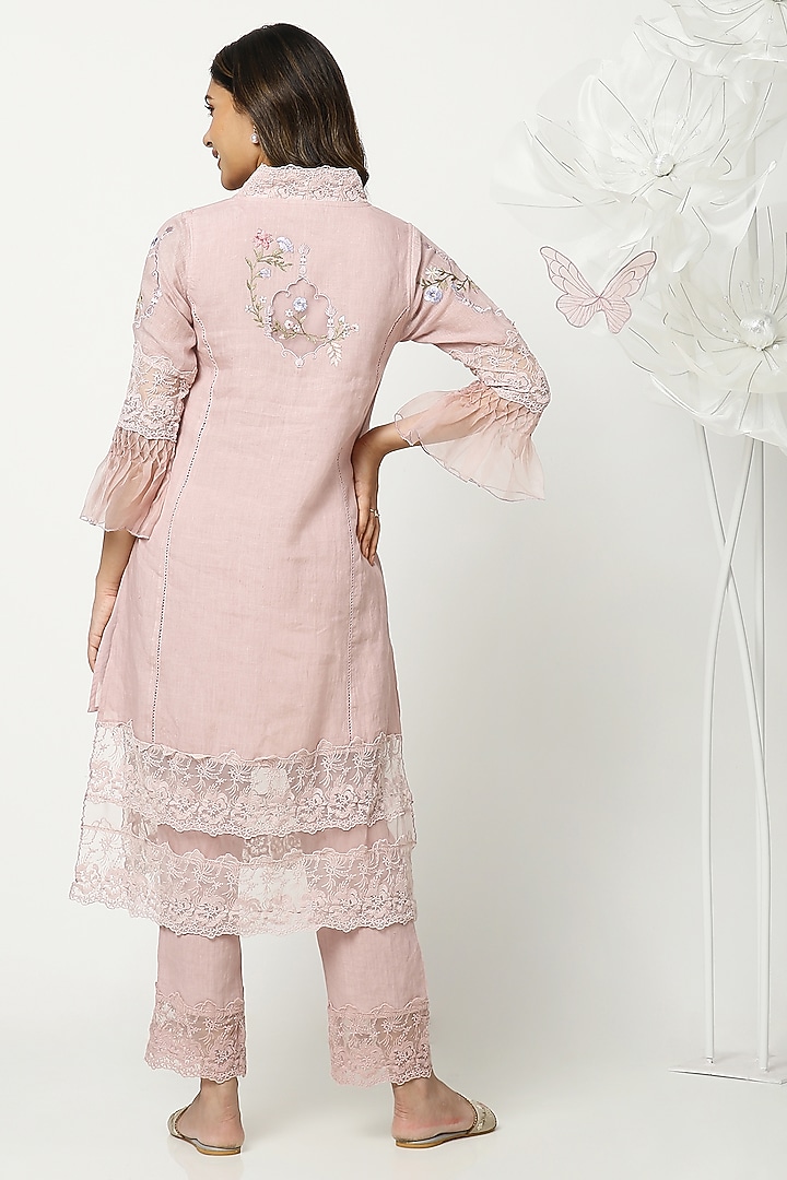 Rose Pink Linen Hand Embroidered Kurta Set by Kaveri at Pernia's Pop Up Shop
