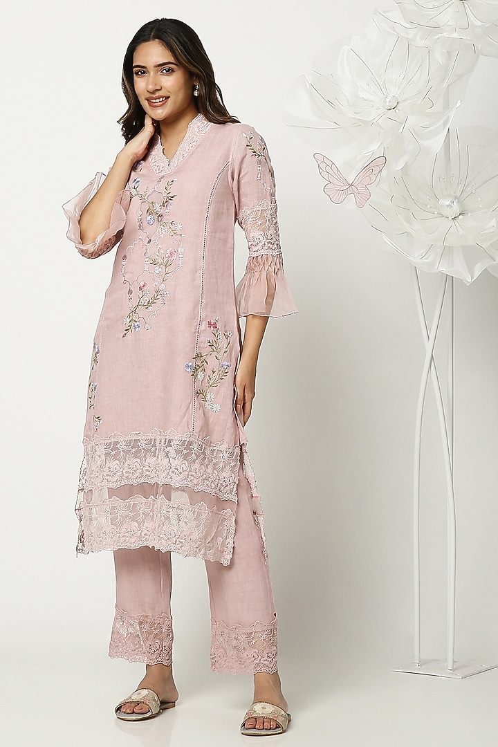 Rose Pink Linen Hand Embroidered Kurta Set by Kaveri at Pernia's Pop Up Shop