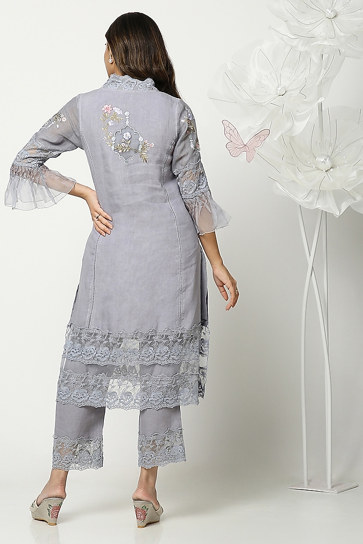 Shadow Blue Linen Hand Embroidered Kurta Set by Kaveri at Pernia's Pop Up Shop