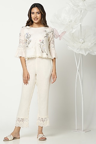Off White Linen Hand Embroidered Top by Kaveri
