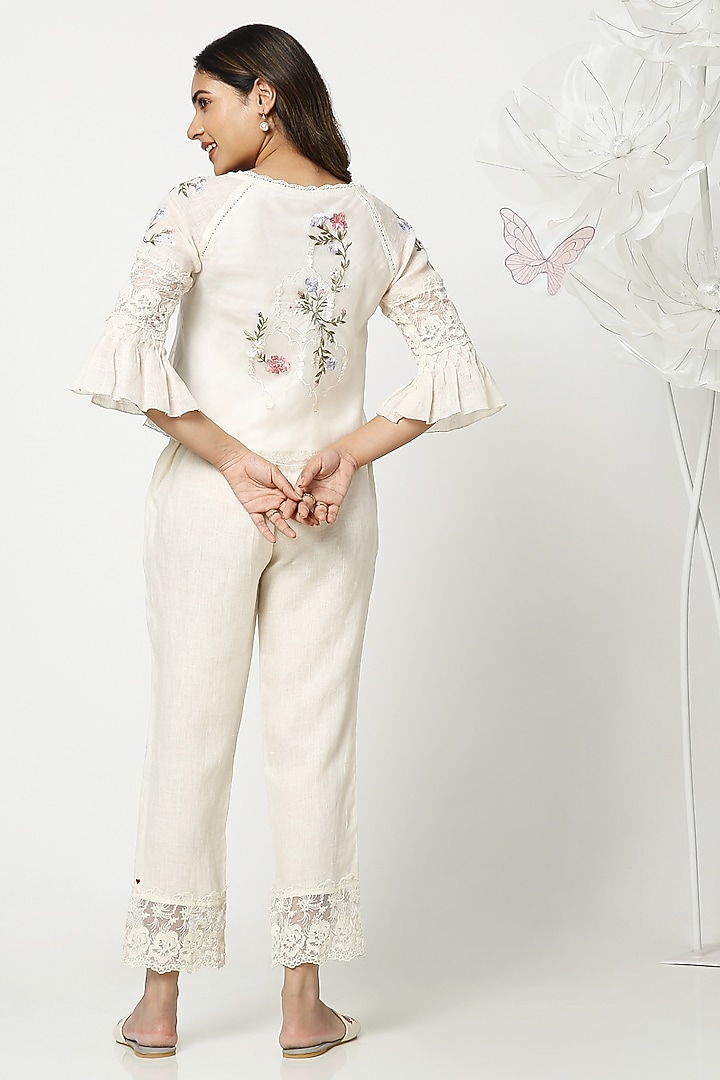 Off White Linen Hand Embroidered Top by Kaveri at Pernia's Pop Up Shop