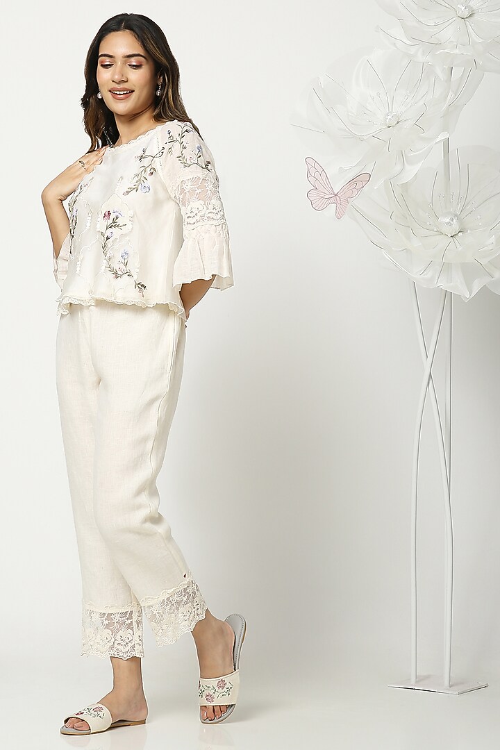 Off White Linen Hand Embroidered Top by Kaveri at Pernia's Pop Up Shop