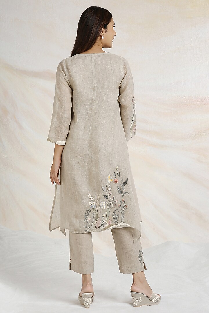 Natural Beige Linen Floral Hand Embroidered Kurta Set by Kaveri at Pernia's Pop Up Shop