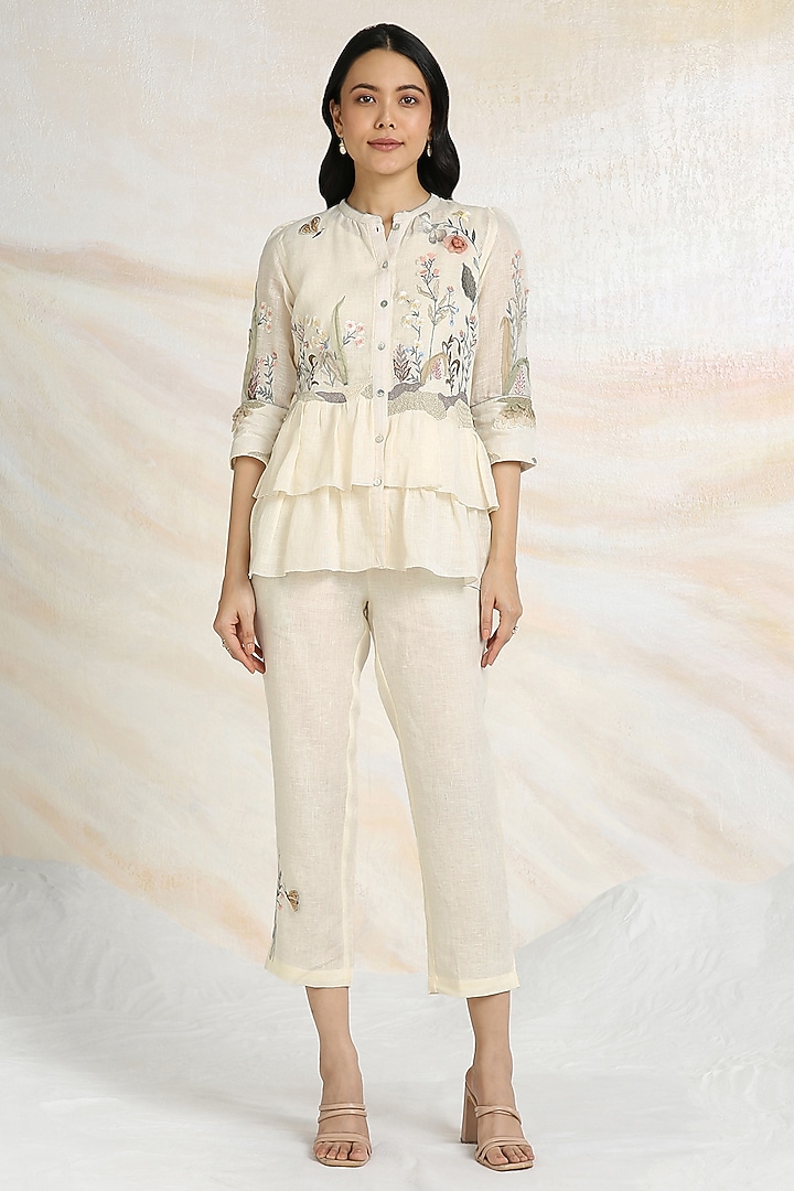 Off-White Linen Hand Embroidered Co-Ord Set by Kaveri at Pernia's Pop Up Shop
