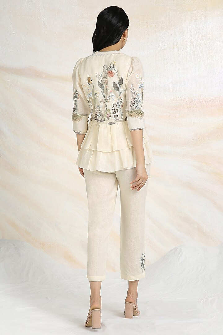 Off-White Linen Hand Embroidered Co-Ord Set by Kaveri at Pernia's Pop Up Shop
