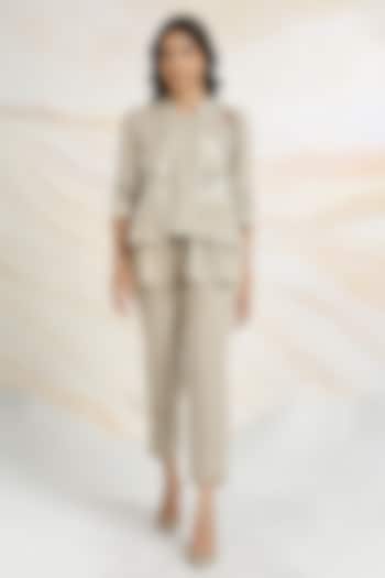 Natural Beige Linen Hand Embroidered Co-Ord Set by Kaveri at Pernia's Pop Up Shop
