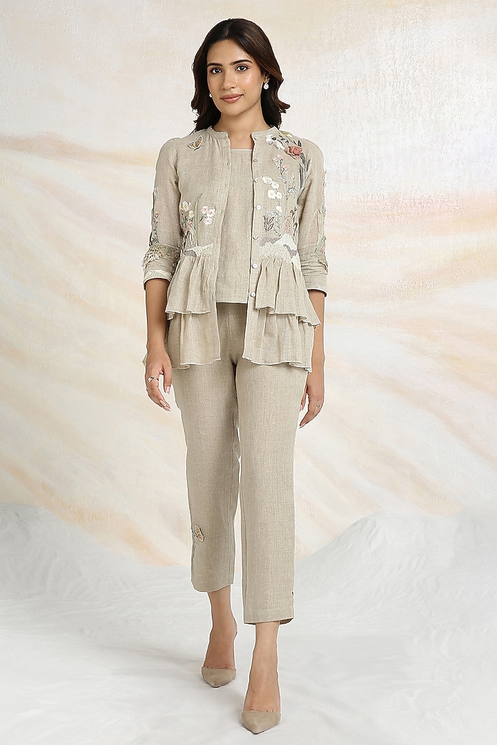Natural Beige Linen Hand Embroidered Co-Ord Set by Kaveri at Pernia's Pop Up Shop