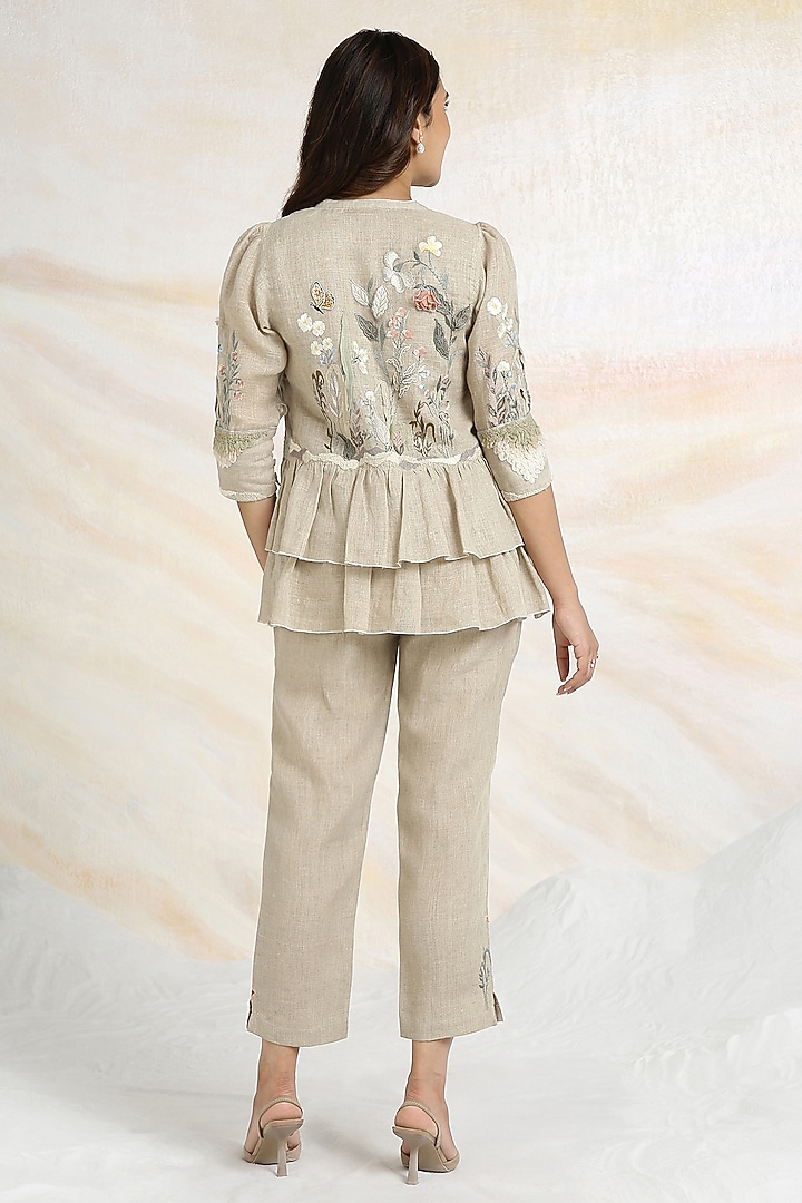 Natural Beige Linen Hand Embroidered Co-Ord Set by Kaveri at Pernia's Pop Up Shop