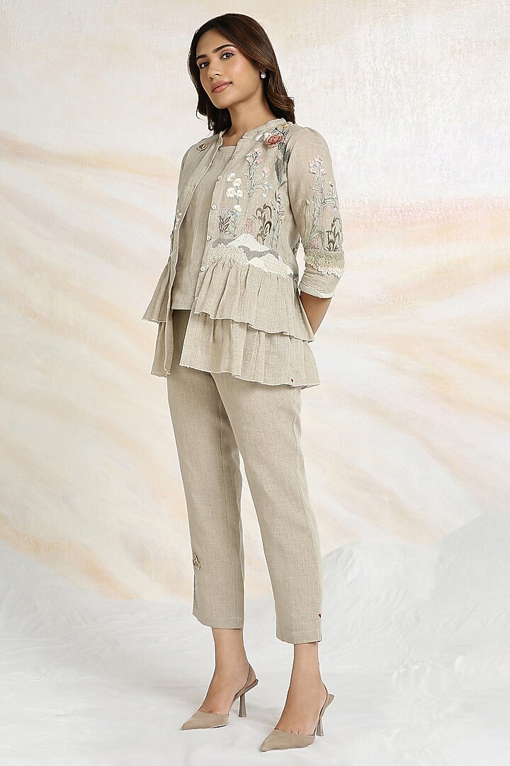 Natural Beige Linen Hand Embroidered Co-Ord Set by Kaveri at Pernia's Pop Up Shop