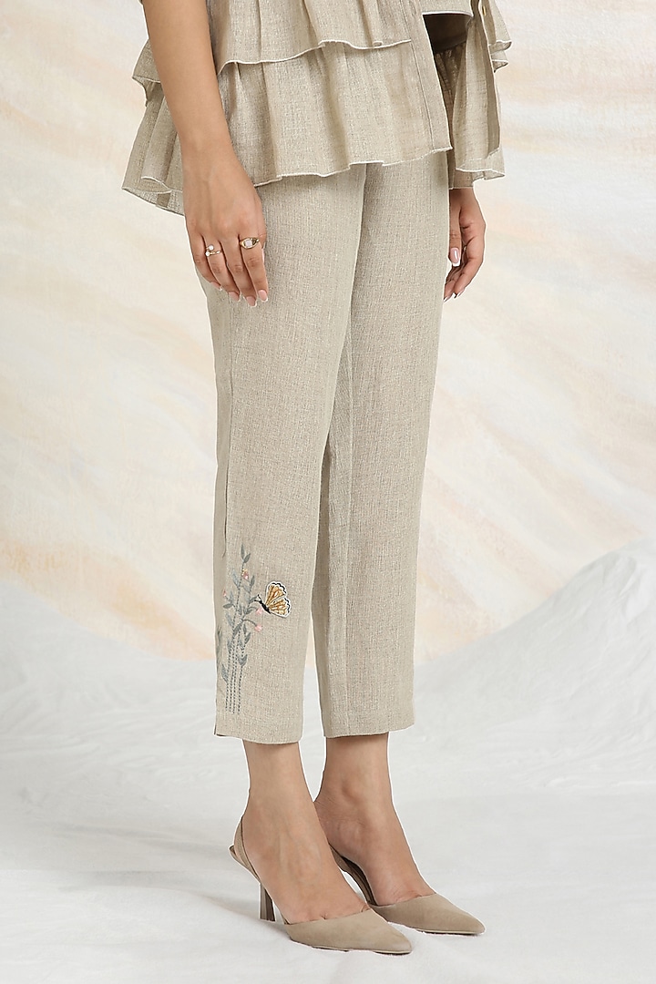 Natural Beige Linen Hand Embroidered Co-Ord Set by Kaveri at Pernia's Pop Up Shop