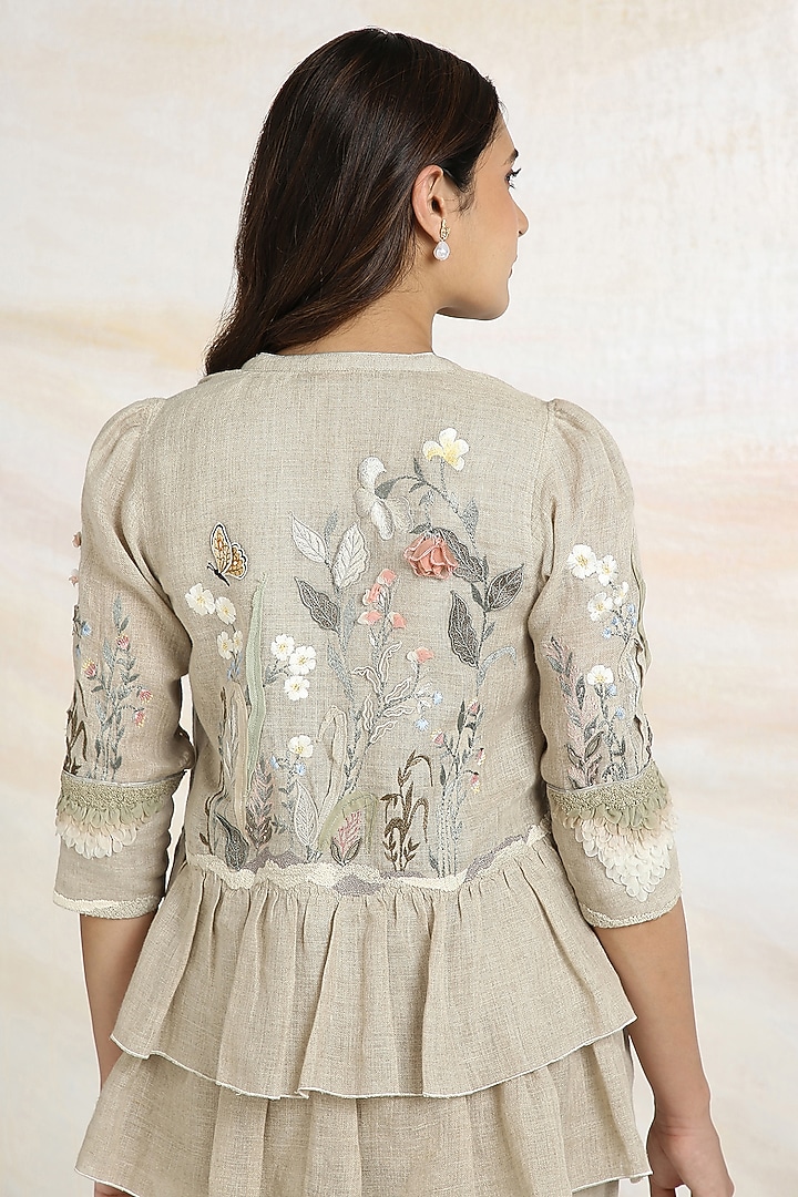 Natural Beige Linen Hand Embroidered Co-Ord Set by Kaveri at Pernia's Pop Up Shop