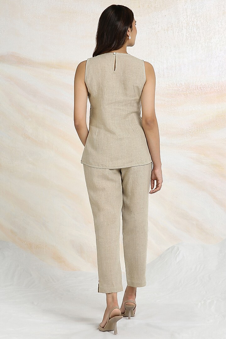 Natural Beige Linen Hand Embroidered Co-Ord Set by Kaveri at Pernia's Pop Up Shop
