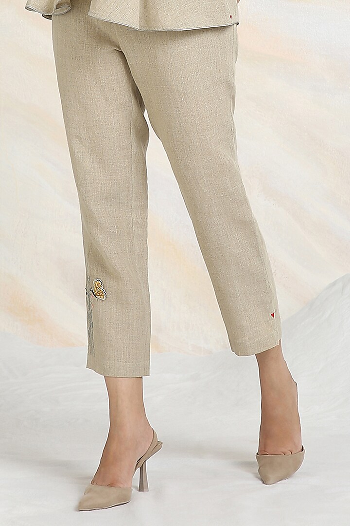 Natural Beige Linen Hand Embroidered Co-Ord Set by Kaveri at Pernia's Pop Up Shop