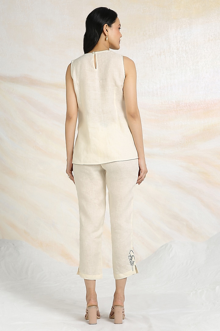 Off-White Linen Floral Hand Embroidered Top by Kaveri at Pernia's Pop Up Shop