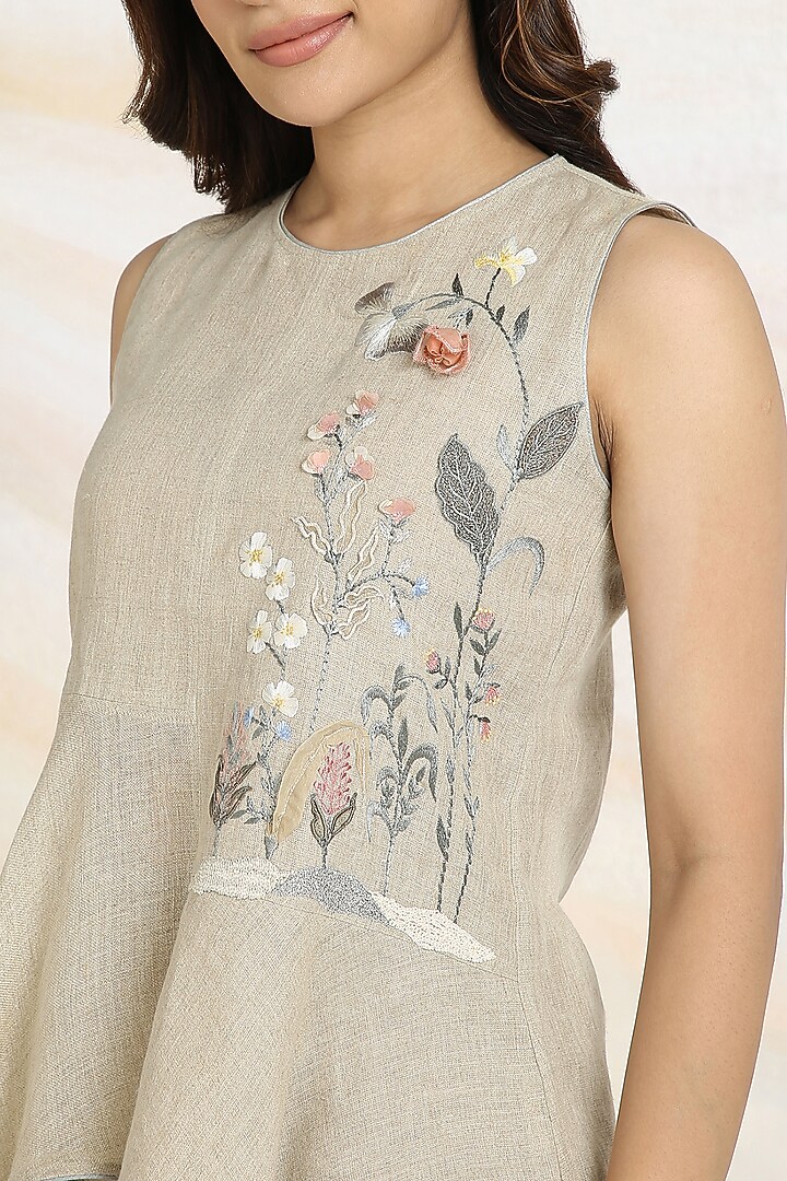 Natural Beige Linen Hand Embroidered Frilled Top by Kaveri at Pernia's Pop Up Shop