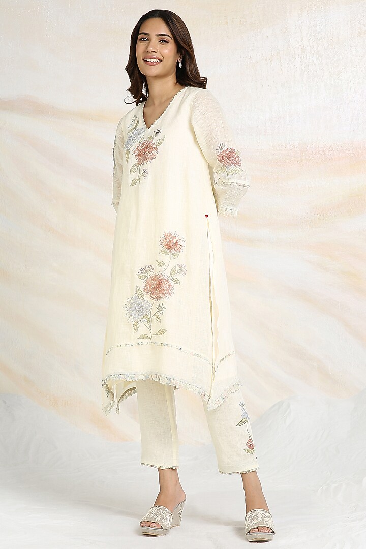 Off-White Linen Floral Hand Embroidered & Printed A-line Tunic Set by Kaveri at Pernia's Pop Up Shop