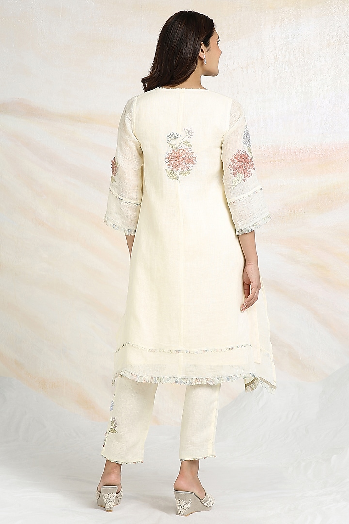 Off-White Linen Floral Hand Embroidered & Printed A-line Tunic Set by Kaveri at Pernia's Pop Up Shop