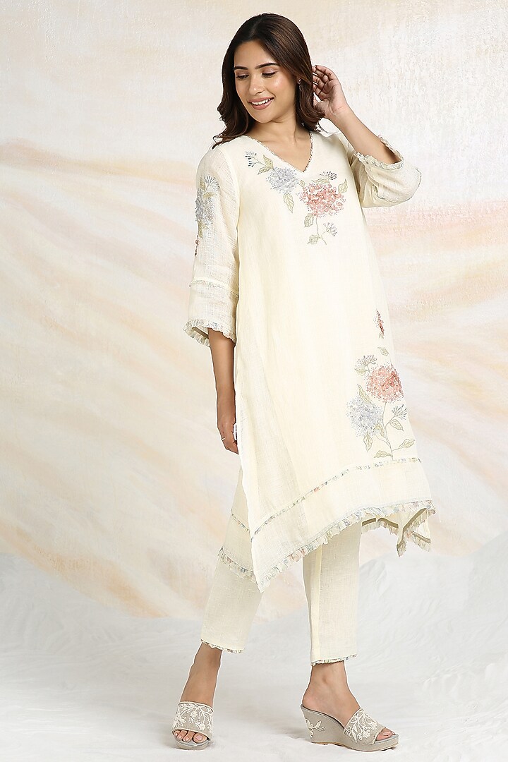 Off-White Linen Floral Hand Embroidered & Printed A-line Tunic Set by Kaveri at Pernia's Pop Up Shop