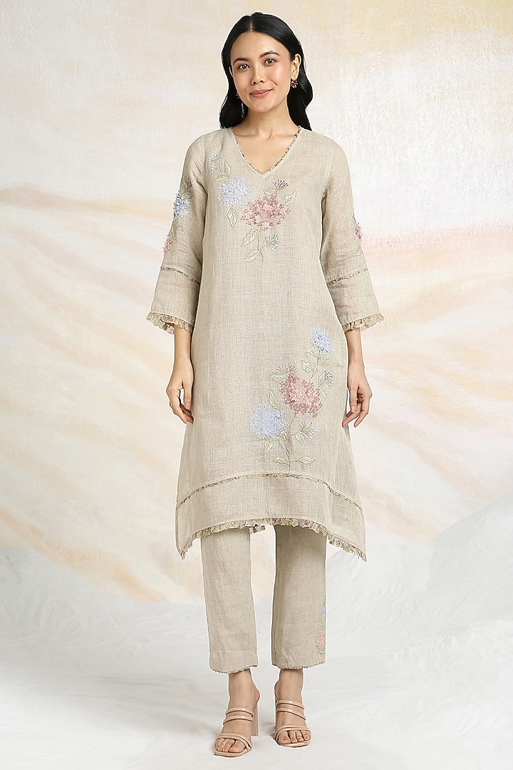 Natural Beige Linen Floral Hand Embroidered & Printed A-line Tunic Set by Kaveri at Pernia's Pop Up Shop