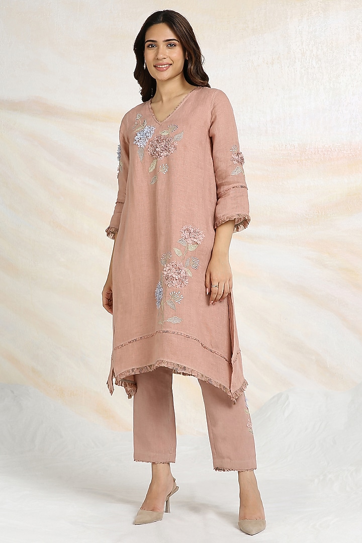 Peony Pink Linen Floral Hand Embroidered & Printed A-Line Tunic Set by Kaveri at Pernia's Pop Up Shop