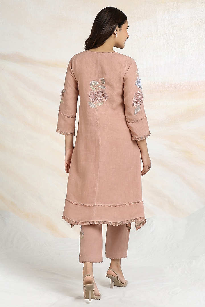 Peony Pink Linen Floral Hand Embroidered & Printed A-Line Tunic Set by Kaveri at Pernia's Pop Up Shop