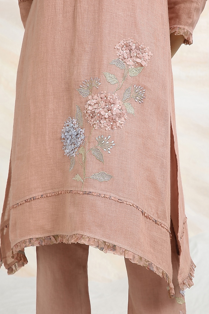 Peony Pink Linen Floral Hand Embroidered & Printed A-Line Tunic Set by Kaveri at Pernia's Pop Up Shop