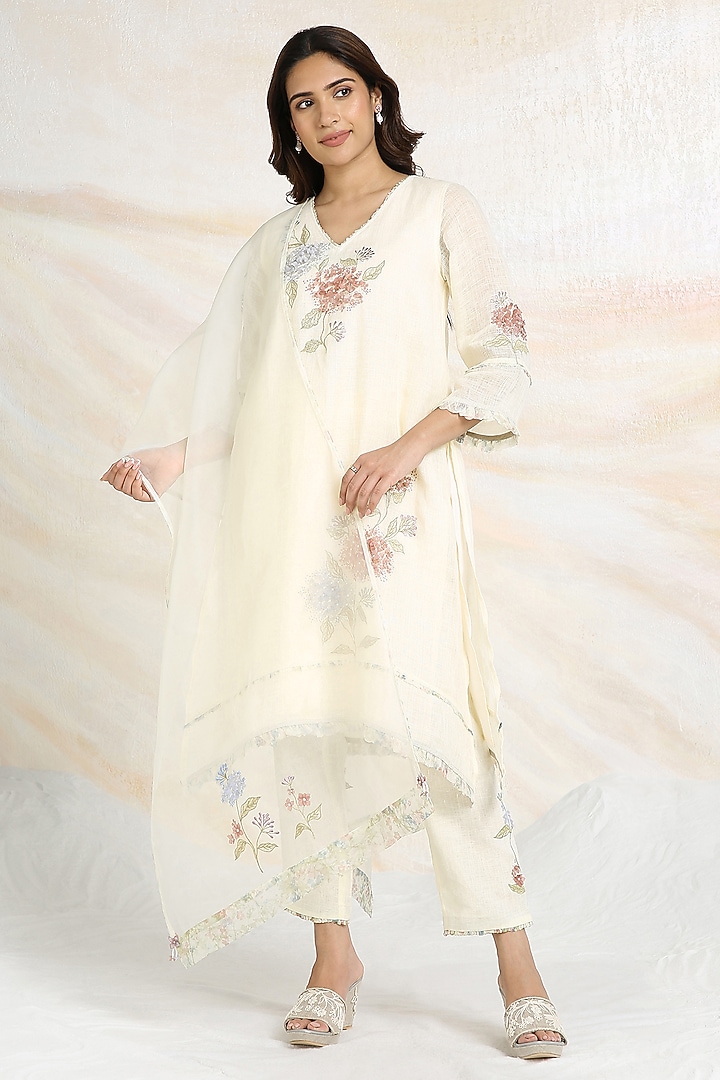 Off-White Linen Floral Hand Embroidered & Printed A-Line Tunic Set by Kaveri at Pernia's Pop Up Shop