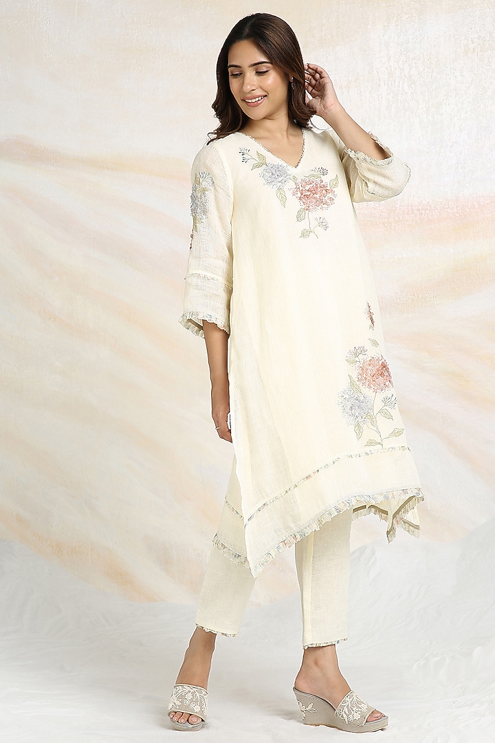 Off-White Linen Floral Hand Embroidered & Printed A-Line Tunic Set by Kaveri at Pernia's Pop Up Shop