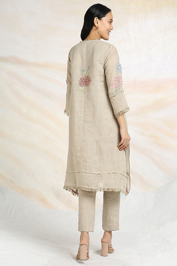 Natural Beige Linen Floral Hand Embroidered & Printed A-Line Tunic Set by Kaveri at Pernia's Pop Up Shop