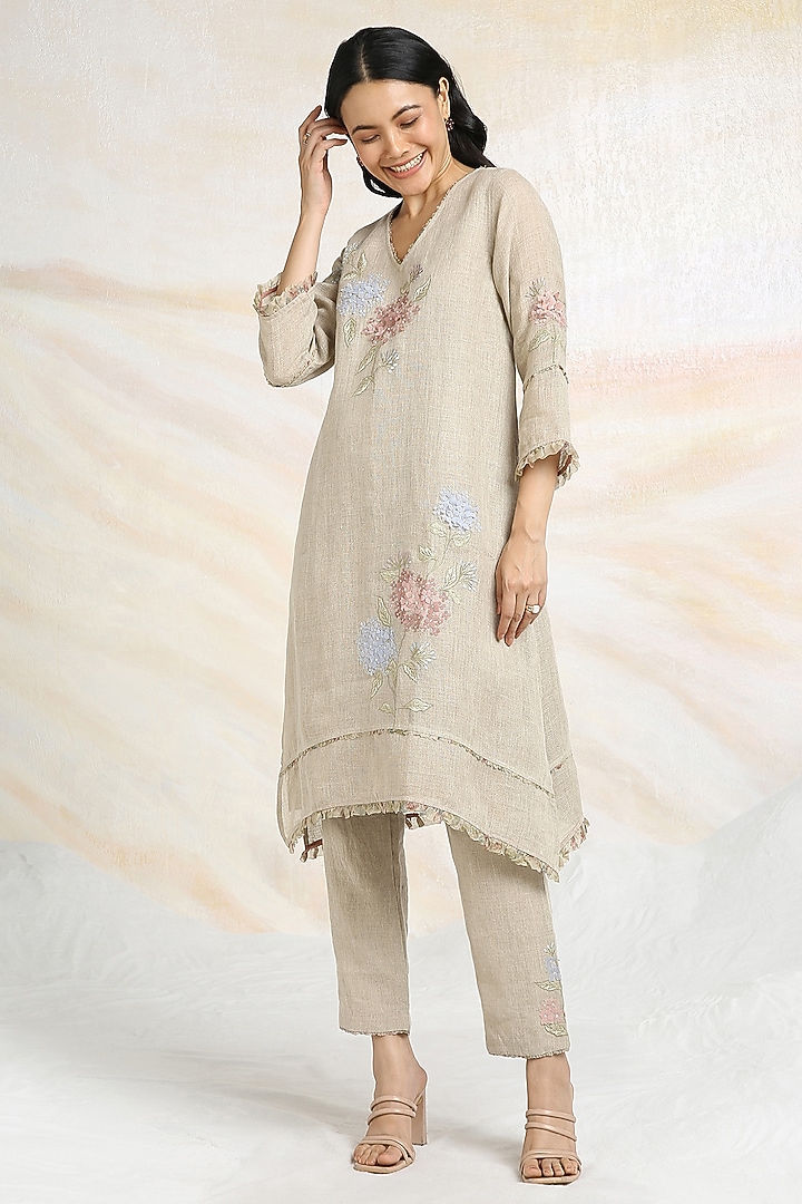 Natural Beige Linen Floral Hand Embroidered & Printed A-Line Tunic Set by Kaveri at Pernia's Pop Up Shop