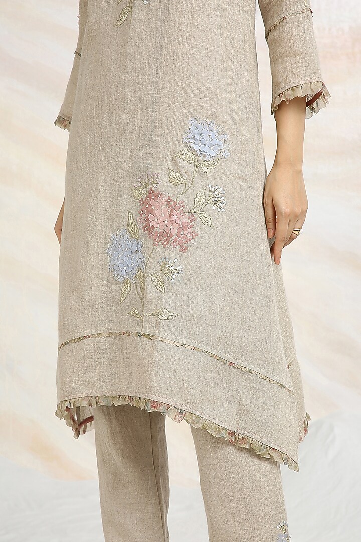Natural Beige Linen Floral Hand Embroidered & Printed A-Line Tunic Set by Kaveri at Pernia's Pop Up Shop