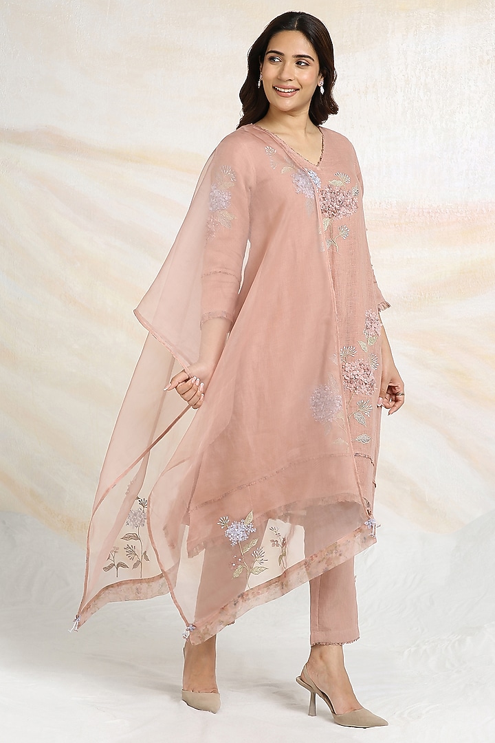 Peony Pink Linen Floral Hand Embroidered & Printed A-Line Tunic Set by Kaveri at Pernia's Pop Up Shop