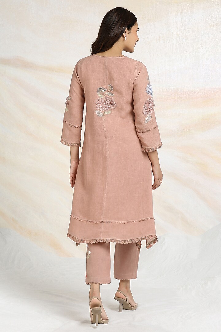 Peony Pink Linen Floral Hand Embroidered & Printed A-Line Tunic Set by Kaveri at Pernia's Pop Up Shop