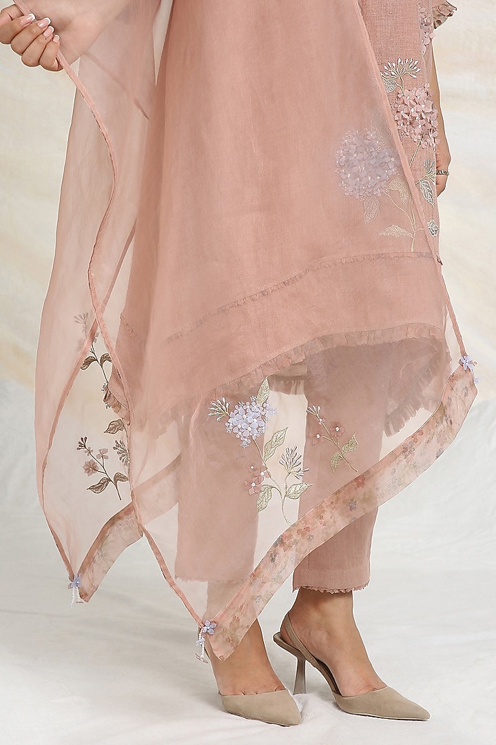 Peony Pink Linen Floral Hand Embroidered & Printed A-Line Tunic Set by Kaveri at Pernia's Pop Up Shop