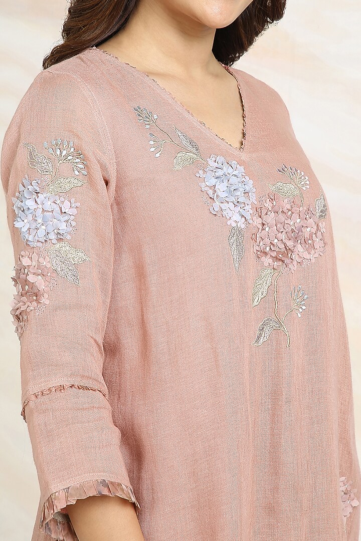 Peony Pink Linen Floral Hand Embroidered & Printed A-Line Tunic Set by Kaveri at Pernia's Pop Up Shop