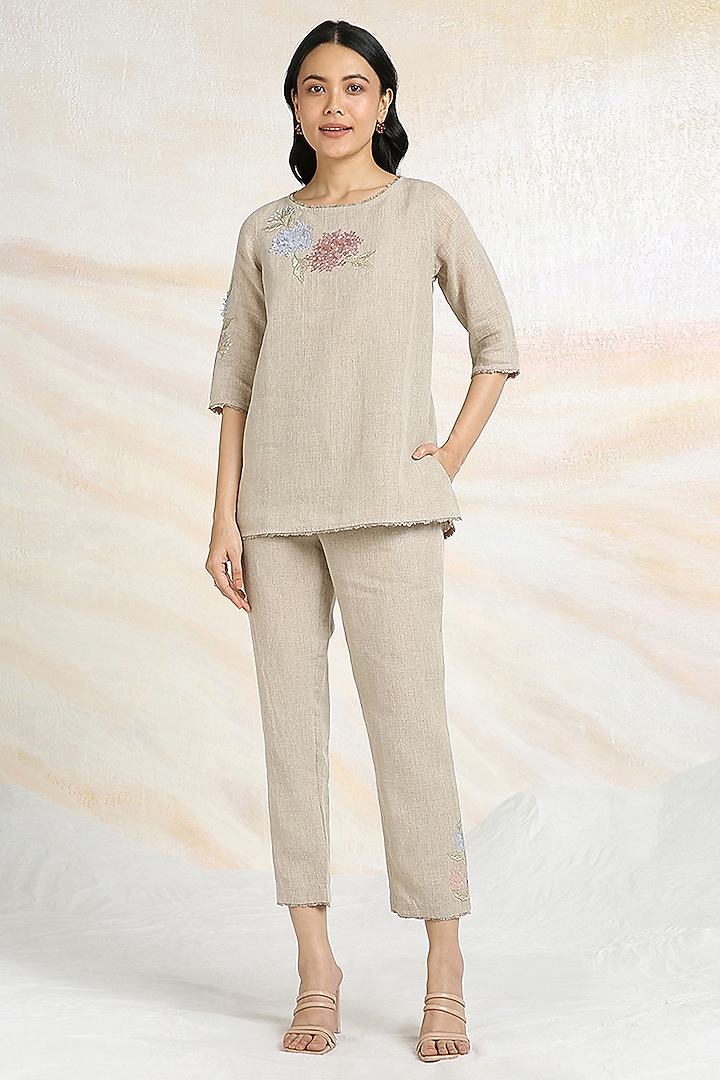 Natural Beige Linen Hand Embroidered Co-Ord Set by Kaveri at Pernia's Pop Up Shop