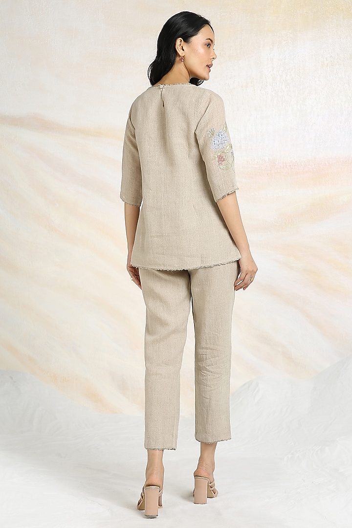 Natural Beige Linen Hand Embroidered Co-Ord Set by Kaveri at Pernia's Pop Up Shop